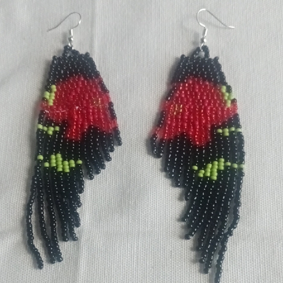 Handcrafted Beaded Earrings - Red and Black - Picture 2 of 5